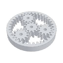 Planetary gearset with a central sun gear, three planet gears and an outer ring gear, shown in isometric view