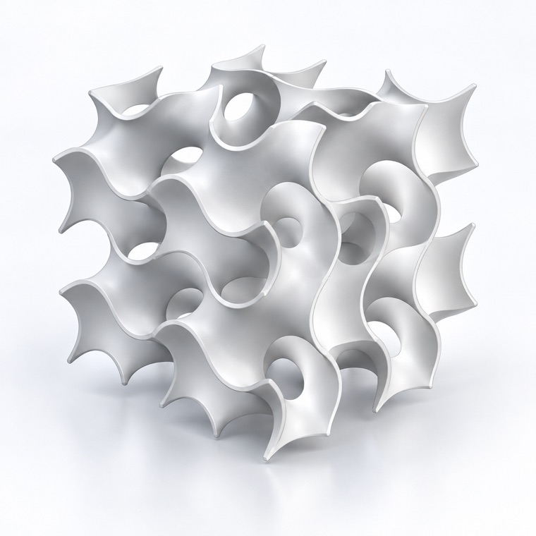 Gyroid lattice block: a continuous curved minimal surface tiled into a 48 mm cube, with open interconnected channels running through it