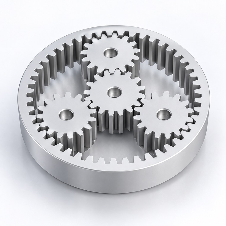 Planetary gearset with a central sun gear, three planet gears and an outer ring gear, shown in isometric view