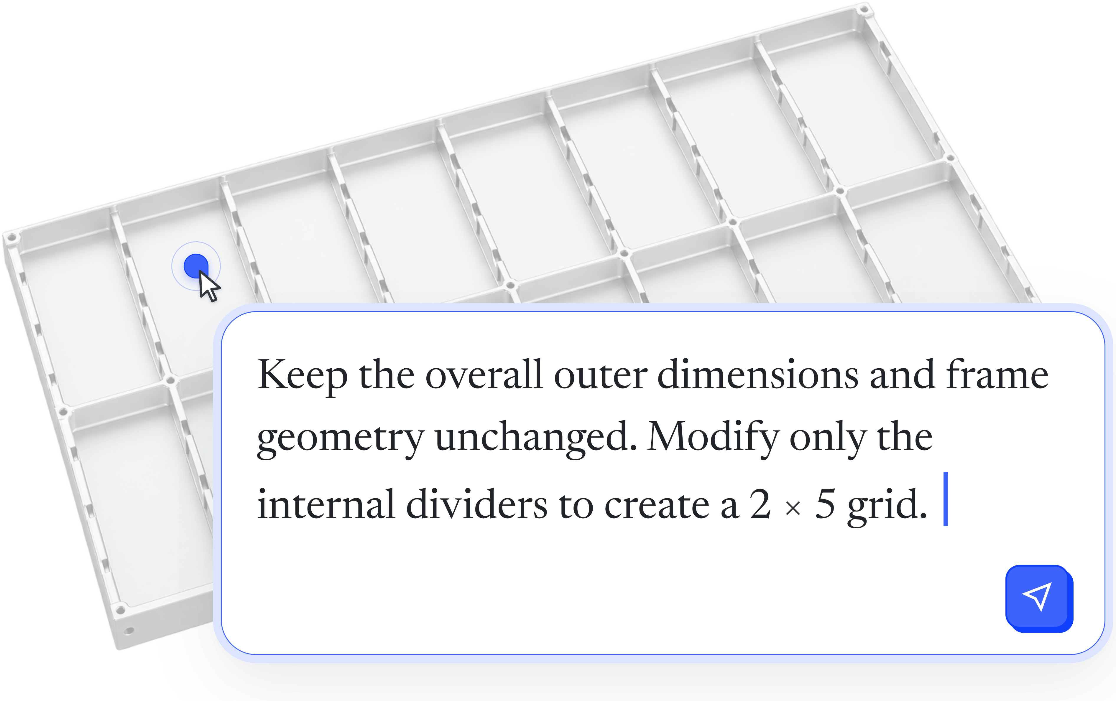 A generated divider tray with a comment pinned on it asking to keep the outer dimensions and change the internal dividers to a 2 by 5 grid