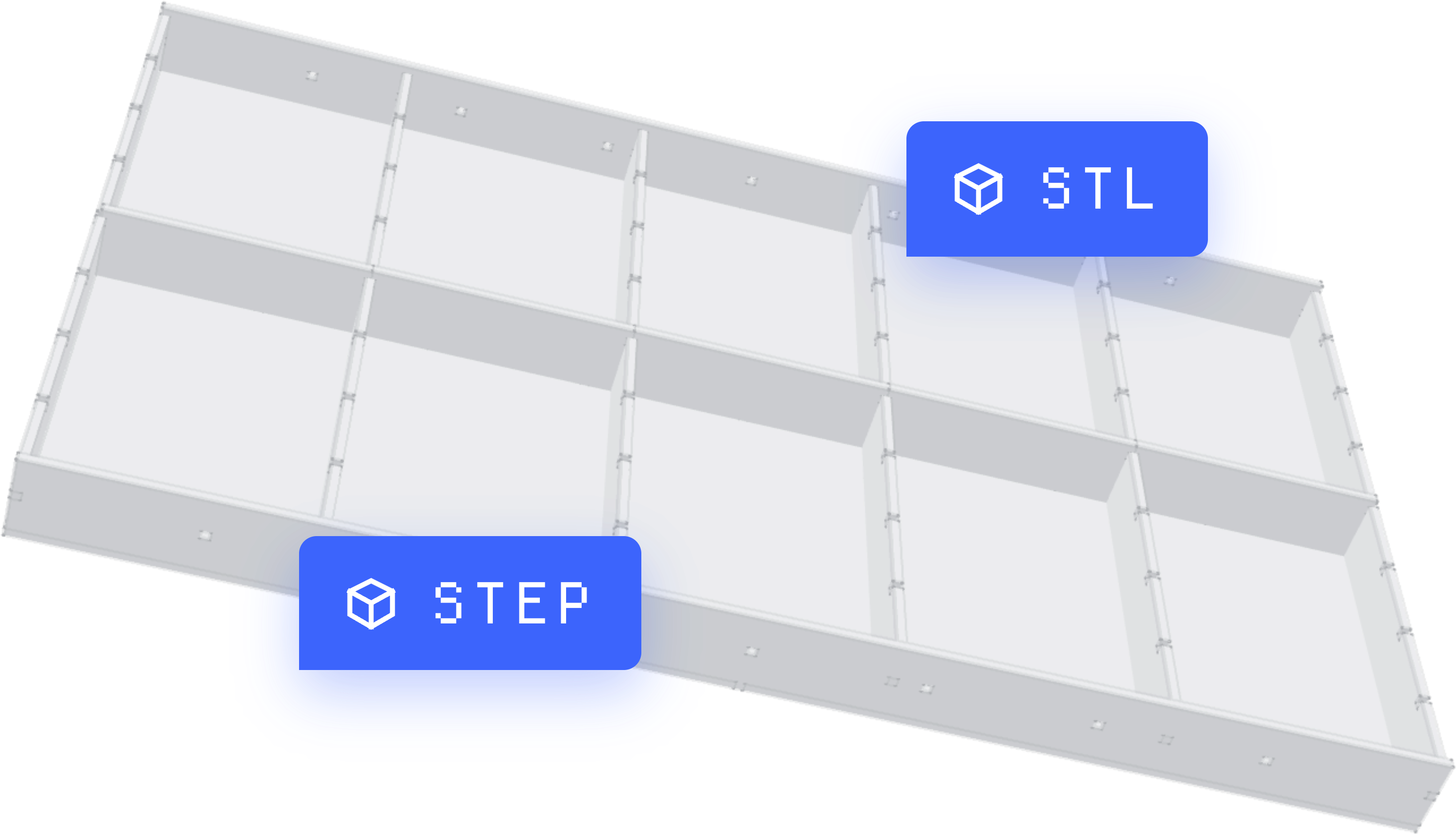 The finished divider tray with STL and STEP export-format tags